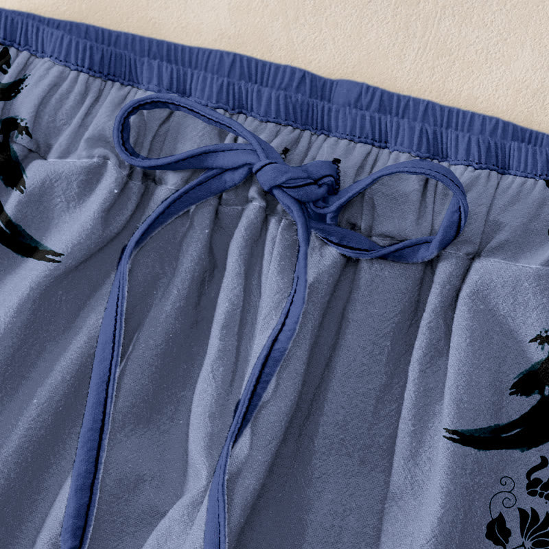 Buddha Stones Pantalon en coton décontracté pour femme, motif lotus OM et roue du Dharma, taille élastique et poches - image 1