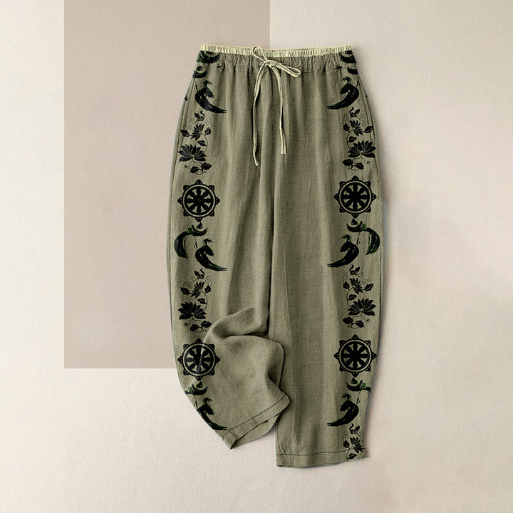 Buddha Stones Pantalon en coton décontracté pour femme, motif lotus OM et roue du Dharma, taille élastique et poches - Kaki foncé - US16，UK/AU20，EU48 (3XL) - image 4