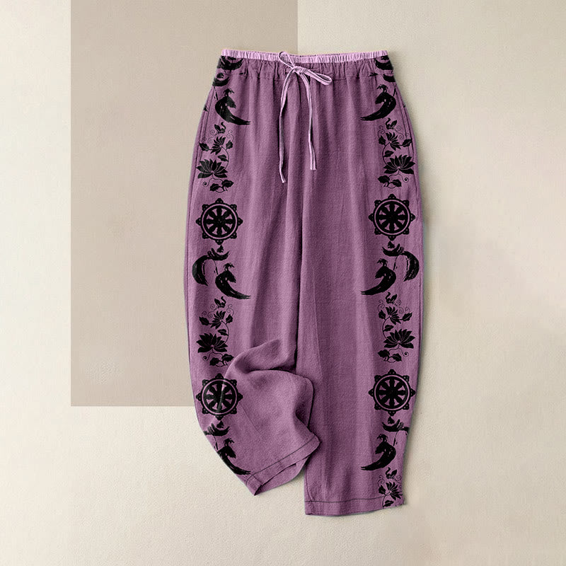 Buddha Stones Pantalon en coton décontracté pour femme, motif lotus OM et roue du Dharma, taille élastique et poches - Prune - US16，UK/AU20，EU48 (3XL) - image 5
