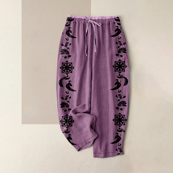 Buddha Stones Pantalon en coton décontracté pour femme, motif lotus OM et roue du Dharma, taille élastique et poches - Prune - US16，UK/AU20，EU48 (3XL) - image 5