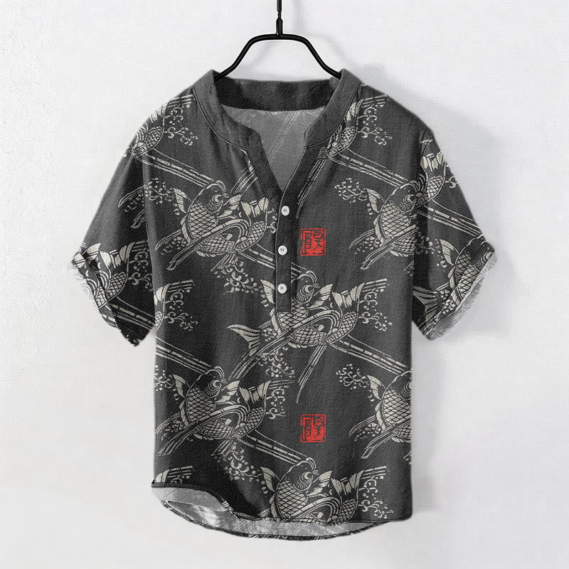 Buddha Stones Chemise homme à manches courtes et demi-boutonnée, motif carpes koï et bambou - Noir - US/UK/AU50，EU60 (5XL) - image 0
