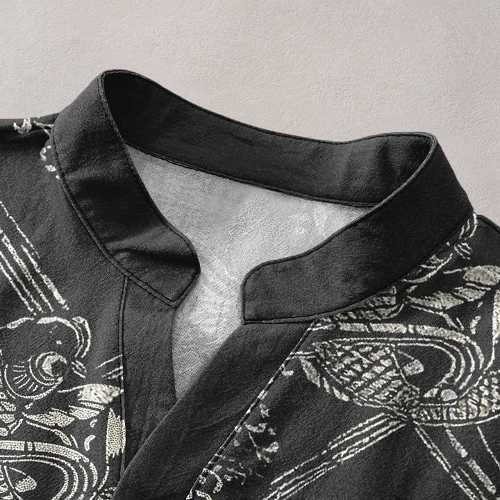 Buddha Stones Chemise homme à manches courtes et demi-boutonnée, motif carpes koï et bambou - image 2
