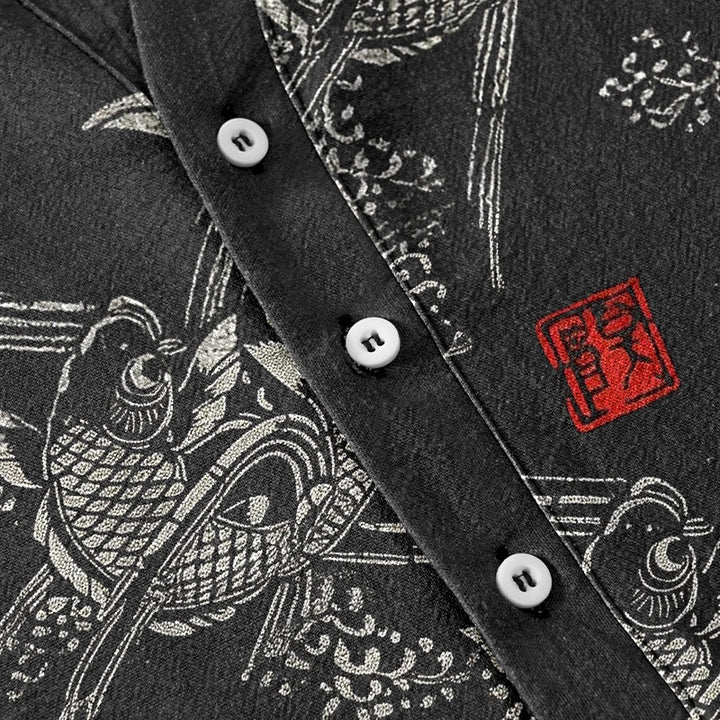 Buddha Stones Chemise homme à manches courtes et demi-boutonnée, motif carpes koï et bambou - image 3