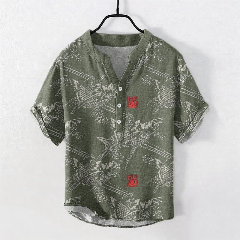 Buddha Stones Chemise homme à manches courtes et demi-boutonnée, motif carpes koï et bambou - Vert foncé - US/UK/AU50，EU60 (5XL) - image 4