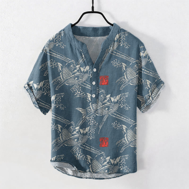 Buddha Stones Chemise homme à manches courtes et demi-boutonnée, motif carpes koï et bambou - SteelBlue - US/UK/AU50，EU60 (5XL) - image 6