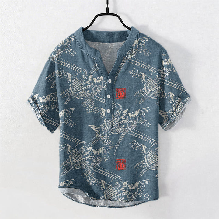 Buddha Stones Chemise homme à manches courtes et demi-boutonnée, motif carpes koï et bambou - SteelBlue - US/UK/AU50，EU60 (5XL) - image 6