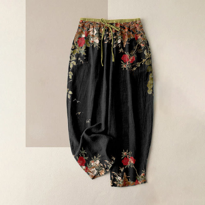 Buddha Stones Pantalon en coton décontracté pour femme, à taille élastique et poches, orné d'un motif de pivoines rouges et de vignes. - Noir - US16，UK/AU20，EU48 (3XL) - image 0