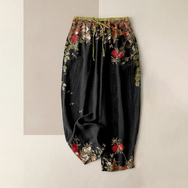 Buddha Stones Pantalon en coton décontracté pour femme, à taille élastique et poches, orné d'un motif de pivoines rouges et de vignes. - Noir - US16，UK/AU20，EU48 (3XL) - image 0