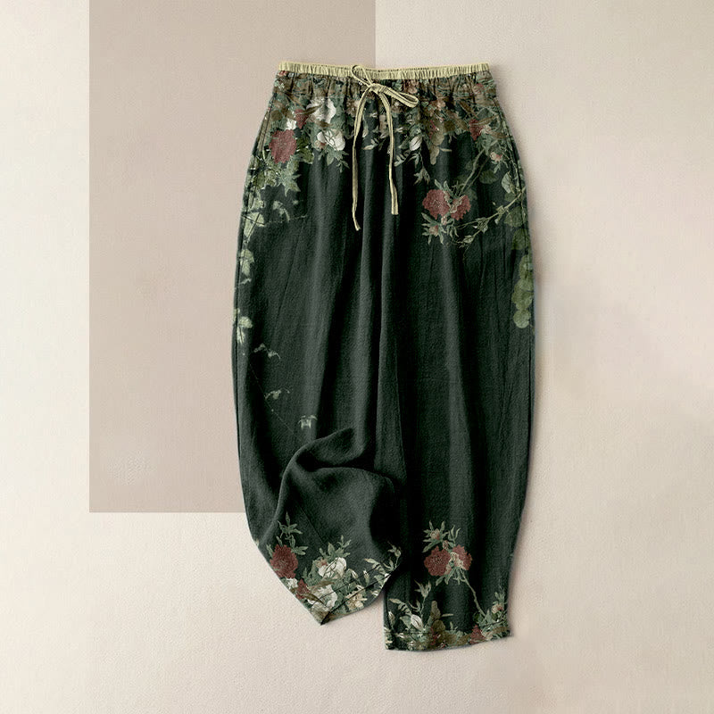 Buddha Stones Pantalon en coton décontracté pour femme, à taille élastique et poches, orné d'un motif de pivoines rouges et de vignes. - Vert foncé - US16，UK/AU20，EU48 (3XL) - image 4