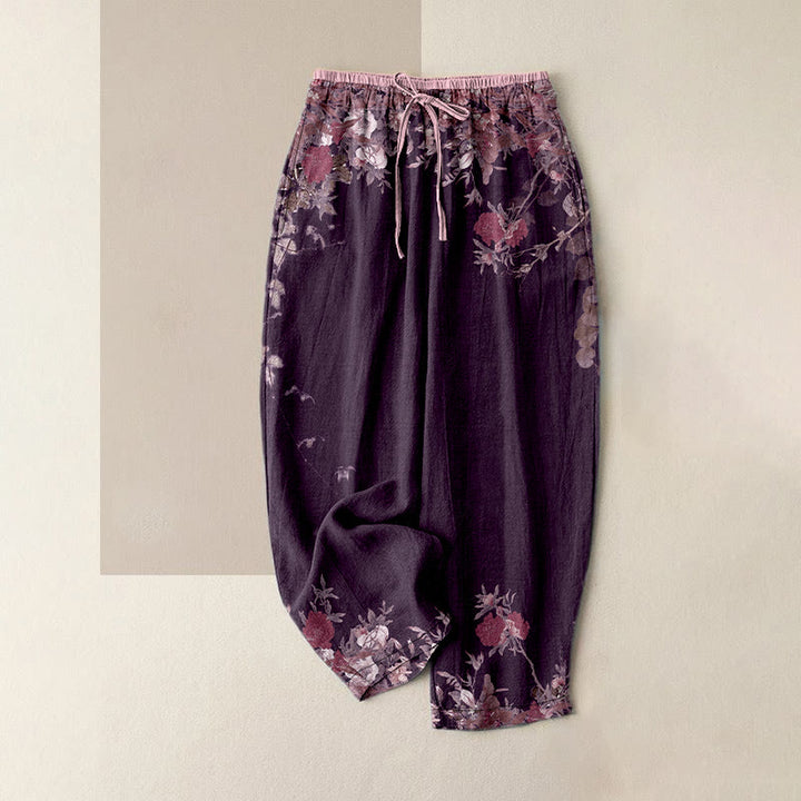 Buddha Stones Pantalon en coton décontracté pour femme, à taille élastique et poches, orné d'un motif de pivoines rouges et de vignes. - Violet - US16，UK/AU20，EU48 (3XL) - image 5