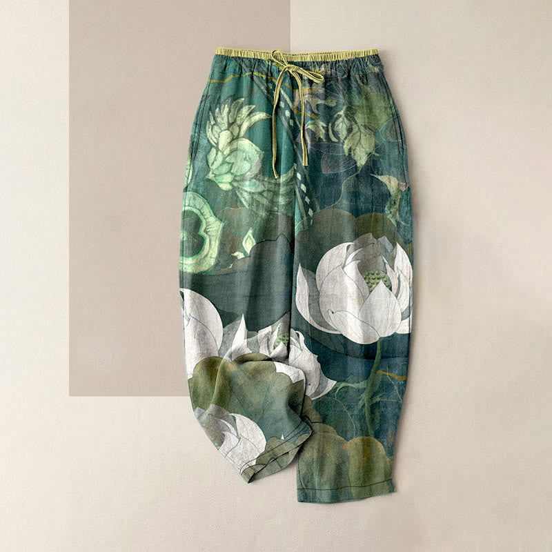 Buddha Stones Pantalon décontracté en coton blanc à motif de feuilles de lotus pour femme, taille élastique et poches - Vert d'eau - US16，UK/AU20，EU48 (3XL) - image 0