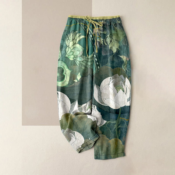 Buddha Stones Pantalon décontracté en coton blanc à motif de feuilles de lotus pour femme, taille élastique et poches - Vert d'eau - US16，UK/AU20，EU48 (3XL) - image 0