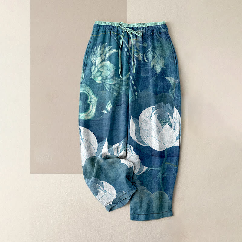 Buddha Stones Pantalon décontracté en coton blanc à motif de feuilles de lotus pour femme, taille élastique et poches - Turquoise foncé - US16，UK/AU20，EU48 (3XL) - image 4