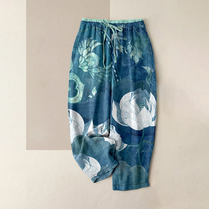 Buddha Stones Pantalon décontracté en coton blanc à motif de feuilles de lotus pour femme, taille élastique et poches - Turquoise foncé - US16，UK/AU20，EU48 (3XL) - image 4