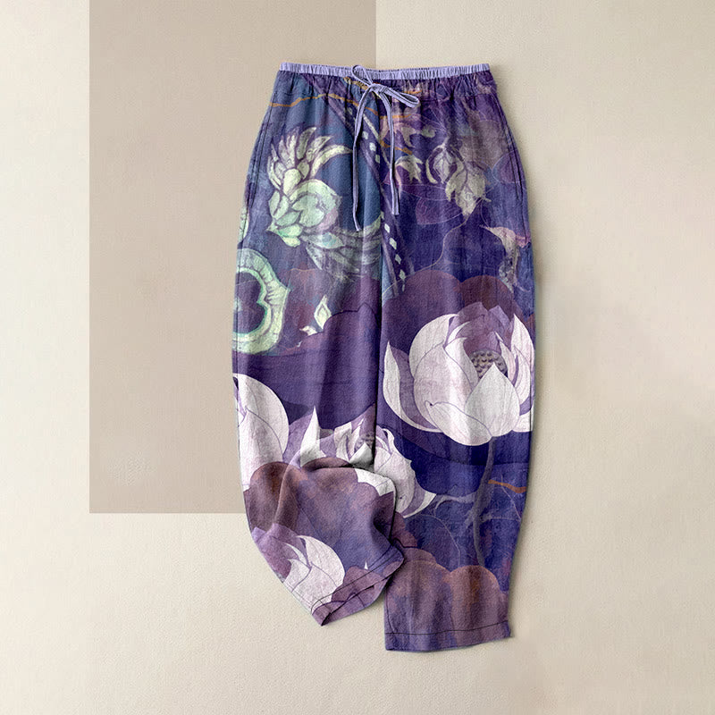 Buddha Stones Pantalon décontracté en coton blanc à motif de feuilles de lotus pour femme, taille élastique et poches - DarkOrchid - US16，UK/AU20，EU48 (3XL) - image 5