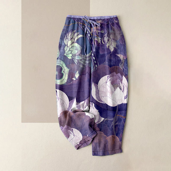 Buddha Stones Pantalon décontracté en coton blanc à motif de feuilles de lotus pour femme, taille élastique et poches - DarkOrchid - US16，UK/AU20，EU48 (3XL) - image 5