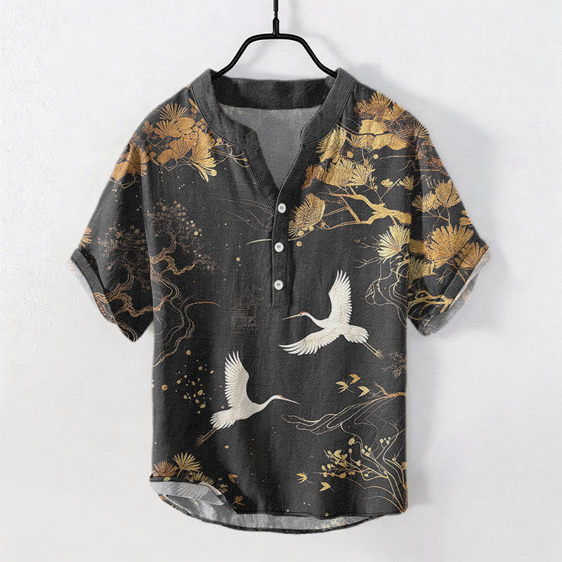 Buddha Stones Chemise homme à manches courtes et demi-boutons, motif pin et grue blanche - Noir - US/UK/AU50，EU60 (5XL) - image 0