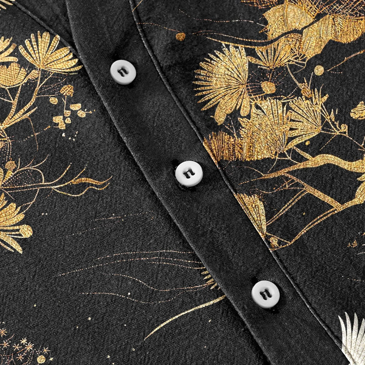 Buddha Stones Chemise homme à manches courtes et demi-boutons, motif pin et grue blanche - image 3