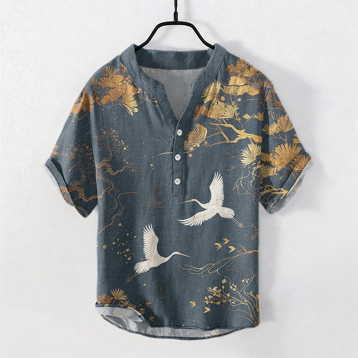Buddha Stones Chemise homme à manches courtes et demi-boutons, motif pin et grue blanche - SteelBlue - US/UK/AU50，EU60 (5XL) - image 4