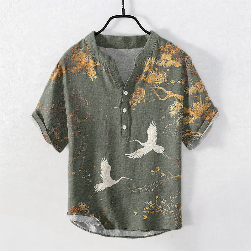 Buddha Stones Chemise homme à manches courtes et demi-boutons, motif pin et grue blanche - Vert foncé - US/UK/AU50，EU60 (5XL) - image 6