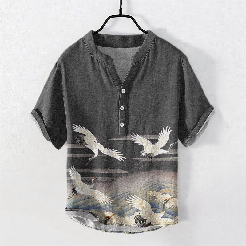 Buddha Stones Chemise homme à manches courtes et demi-boutonnages, motif vagues de grues en coton - Gris sombre - US/UK/AU50，EU60 (5XL) - image 0