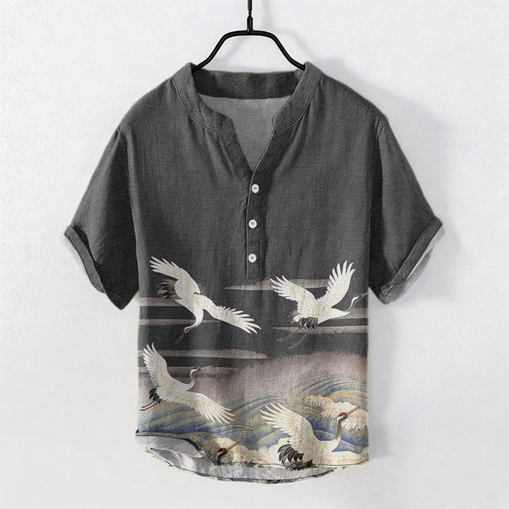 Buddha Stones Chemise homme à manches courtes et demi-boutonnages, motif vagues de grues en coton - Gris sombre - US/UK/AU50，EU60 (5XL) - image 0