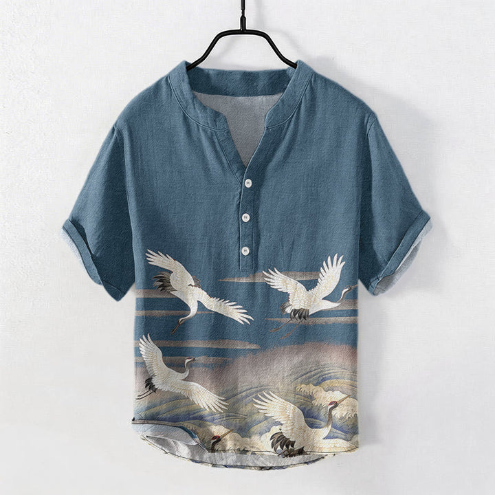 Buddha Stones Chemise homme à manches courtes et demi-boutonnages, motif vagues de grues en coton - SteelBlue - US/UK/AU50，EU60 (5XL) - image 4