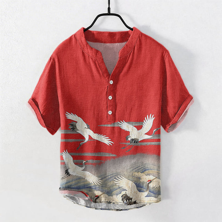 Buddha Stones Chemise homme à manches courtes et demi-boutonnages, motif vagues de grues en coton - FireBrick - US/UK/AU50，EU60 (5XL) - image 6