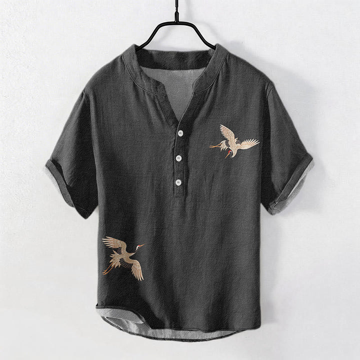 Buddha Stones Chemise homme à manches courtes et demi-boutonnée en coton, motif grue, soleil et pin rouge. - Noir - US/UK/AU50，EU60 (5XL) - image 0