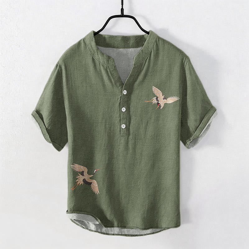 Buddha Stones Chemise homme à manches courtes et demi-boutonnée en coton, motif grue, soleil et pin rouge. - Vert foncé - US/UK/AU50，EU60 (5XL) - image 6