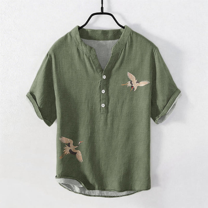 Buddha Stones Chemise homme à manches courtes et demi-boutonnée en coton, motif grue, soleil et pin rouge. - Vert foncé - US/UK/AU50，EU60 (5XL) - image 6