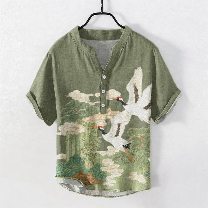 Buddha Stones Chemise à manches courtes pour homme, demi-boutonnée, motif de grues en coton et de nuages ​​porte-bonheur - Vert foncé - US/UK/AU50，EU60 (5XL) - image 0