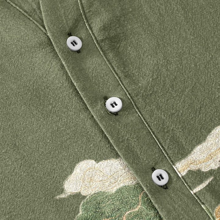 Buddha Stones Chemise à manches courtes pour homme, demi-boutonnée, motif de grues en coton et de nuages ​​porte-bonheur - image 3
