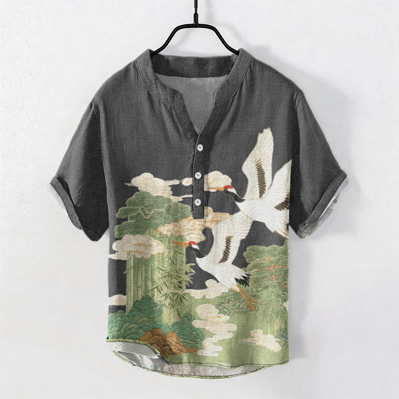 Buddha Stones Chemise à manches courtes pour homme, demi-boutonnée, motif de grues en coton et de nuages ​​porte-bonheur - Gris terne - US/UK/AU50，EU60 (5XL) - image 4