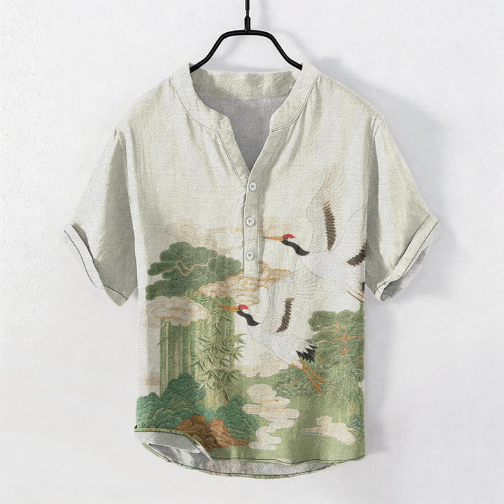 Buddha Stones Chemise à manches courtes pour homme, demi-boutonnée, motif de grues en coton et de nuages ​​porte-bonheur - Lin - US/UK/AU50，EU60 (5XL) - image 6