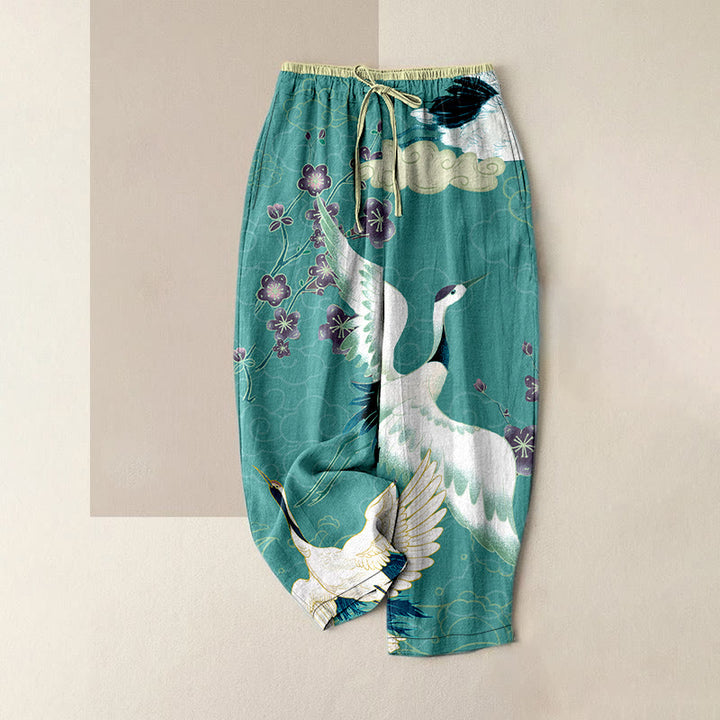 Buddha Stones Pantalon en coton décontracté pour femme, motif grues, fleurs et nuages ​​porte-bonheur, taille élastique et poches - Turquoise - US16，UK/AU20，EU48 (3XL) - image 5