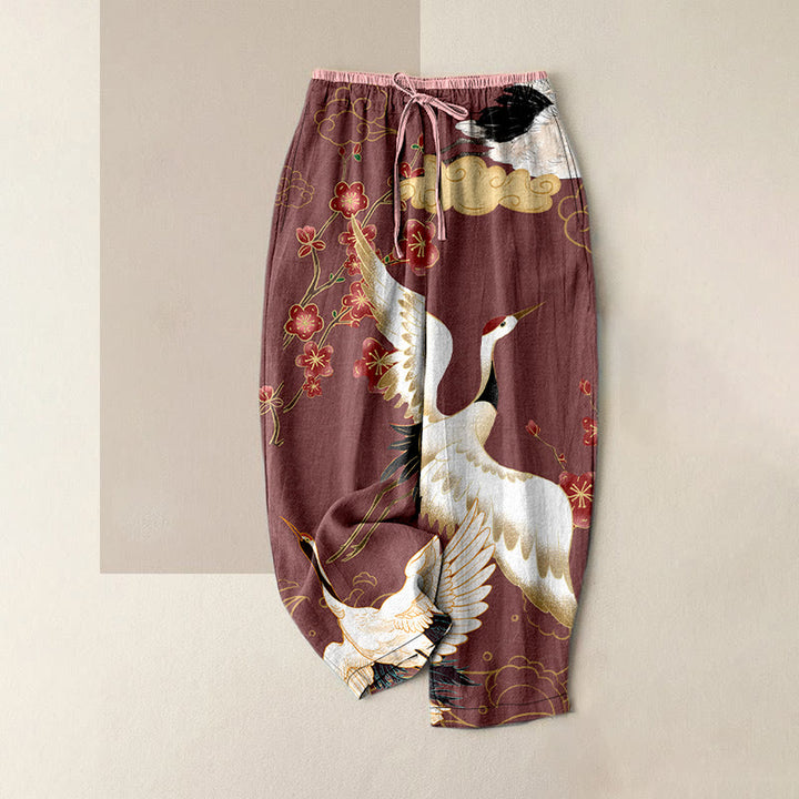 Buddha Stones Pantalon en coton décontracté pour femme, motif grues, fleurs et nuages ​​porte-bonheur, taille élastique et poches - LightCoral - US16，UK/AU20，EU48 (3XL) - image 4