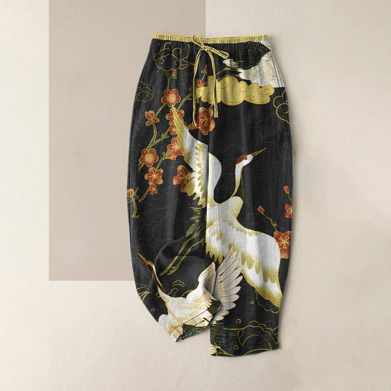 Buddha Stones Pantalon en coton décontracté pour femme, motif grues, fleurs et nuages ​​porte-bonheur, taille élastique et poches - Noir - US16，UK/AU20，EU48 (3XL) - image 0