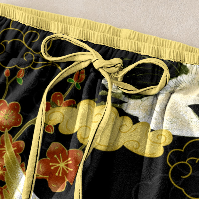 Buddha Stones Pantalon en coton décontracté pour femme, motif grues, fleurs et nuages ​​porte-bonheur, taille élastique et poches - image 1