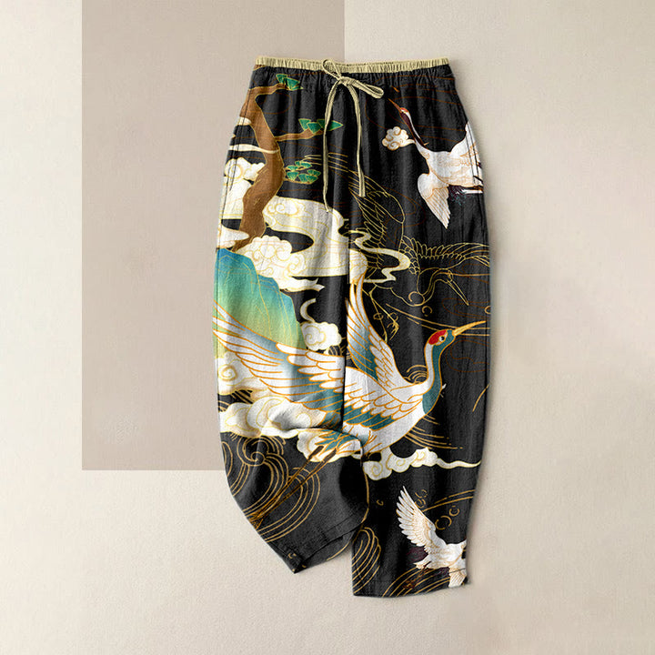 Buddha Stones Pantalon en coton décontracté à taille élastique et poches pour femme, orné de grues volantes, de nuages ​​porte-bonheur et d'arbres. - Noir - US16，UK/AU20，EU48 (3XL) - image 0