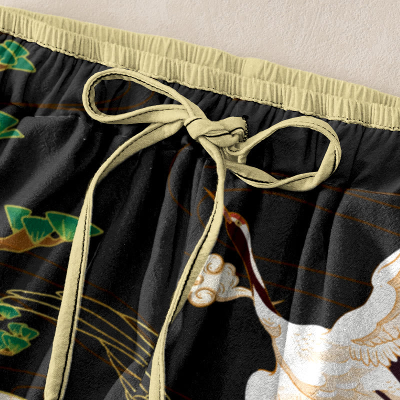 Buddha Stones Pantalon en coton décontracté à taille élastique et poches pour femme, orné de grues volantes, de nuages ​​porte-bonheur et d'arbres. - image 1