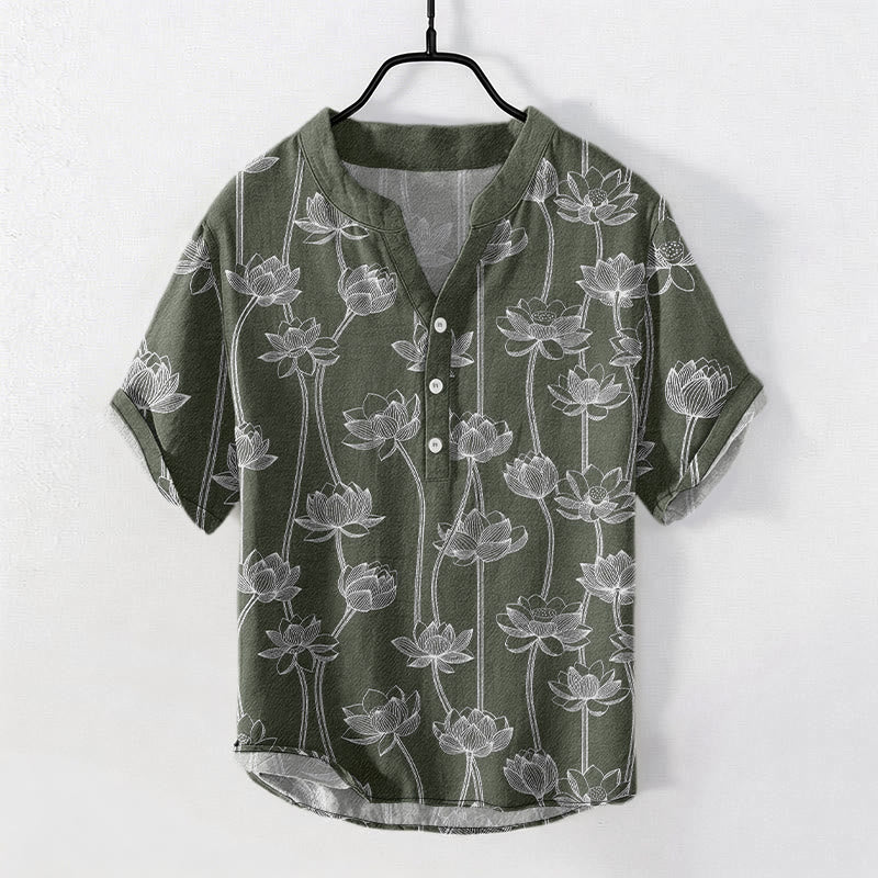 Buddha Stones Chemise à manches courtes et demi-boutonnée pour homme, en coton à motif lotus harmonieux - Vert olive foncé - US/UK/AU50，EU60 (5XL) - image 0