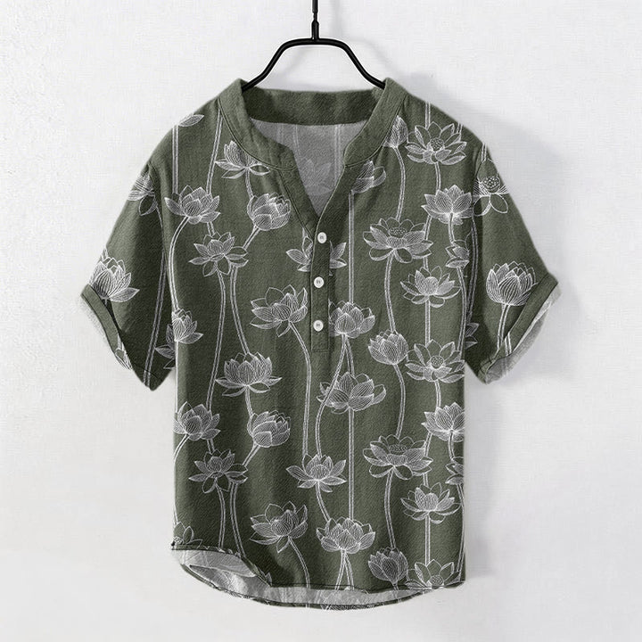 Buddha Stones Chemise à manches courtes et demi-boutonnée pour homme, en coton à motif lotus harmonieux - Vert olive foncé - US/UK/AU50，EU60 (5XL) - image 0