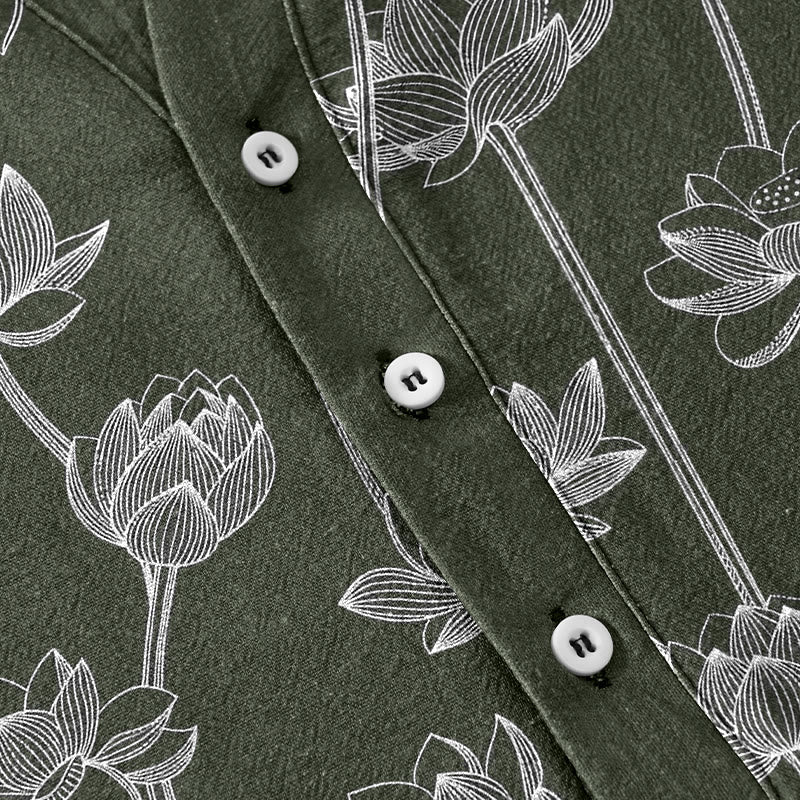 Buddha Stones Chemise à manches courtes et demi-boutonnée pour homme, en coton à motif lotus harmonieux - image 3