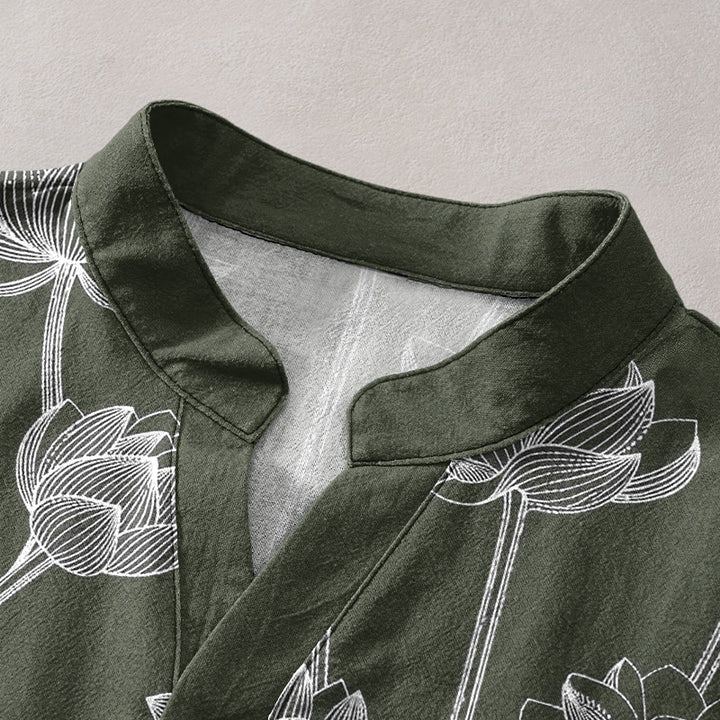 Buddha Stones Chemise à manches courtes et demi-boutonnée pour homme, en coton à motif lotus harmonieux - image 2