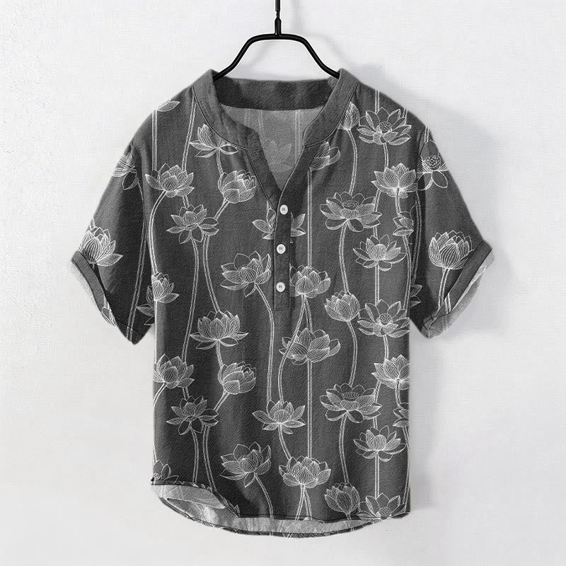 Buddha Stones Chemise à manches courtes et demi-boutonnée pour homme, en coton à motif lotus harmonieux - Gris - US/UK/AU50，EU60 (5XL) - image 4
