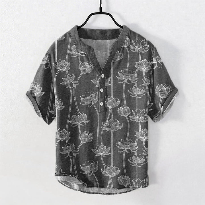Buddha Stones Chemise à manches courtes et demi-boutonnée pour homme, en coton à motif lotus harmonieux - Gris - US/UK/AU50，EU60 (5XL) - image 4