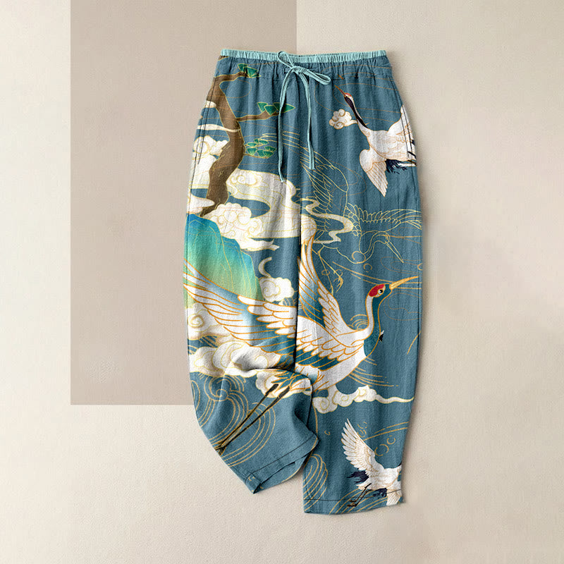 Buddha Stones Pantalon en coton décontracté à taille élastique et poches pour femme, orné de grues volantes, de nuages ​​porte-bonheur et d'arbres. - CadetBlue - US16，UK/AU20，EU48 (3XL) - image 5