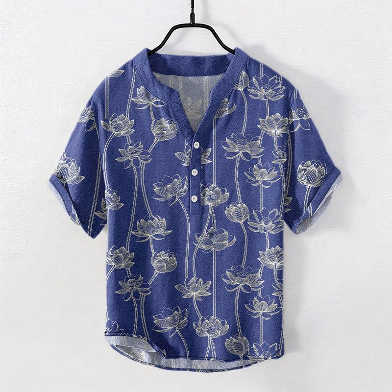 Buddha Stones Chemise à manches courtes et demi-boutonnée pour homme, en coton à motif lotus harmonieux - Bleu foncé - US/UK/AU50，EU60 (5XL) - image 6