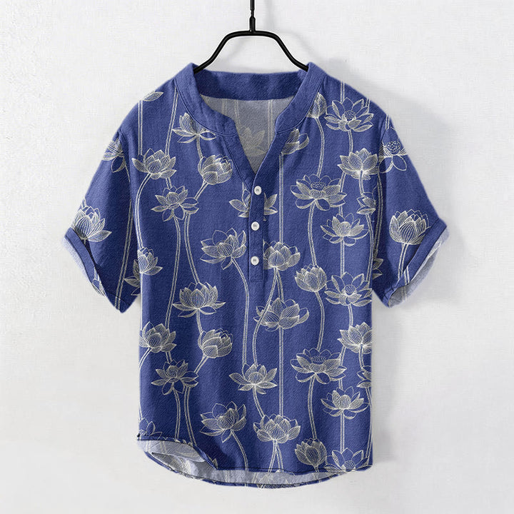 Buddha Stones Chemise à manches courtes et demi-boutonnée pour homme, en coton à motif lotus harmonieux - Bleu foncé - US/UK/AU50，EU60 (5XL) - image 6